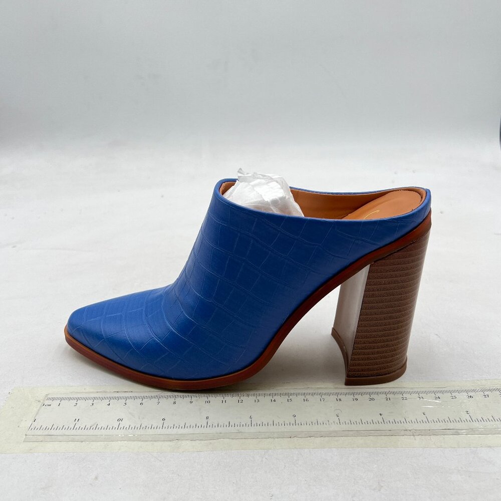 FOWT Blue Pointed Toe Slip On Mules Stacked Block High Heel Sandal Proms Shoes